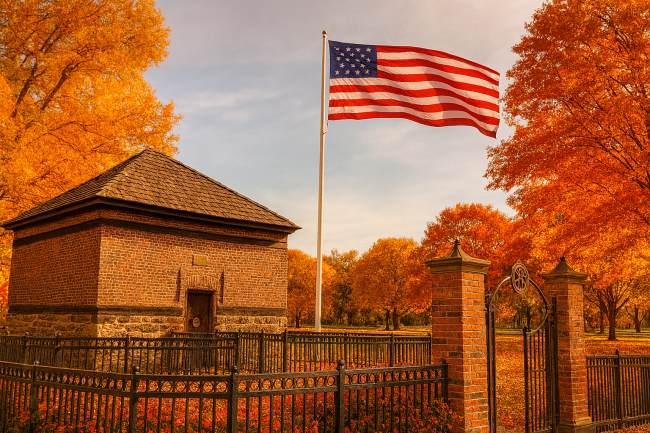 The Fort Pitt Block House in Pittsburgh on a sunny autumn day, with vibrant orange and red fall foliage, a tall American flag waving beside it, and an iron fence surrounding the historic brick structure.