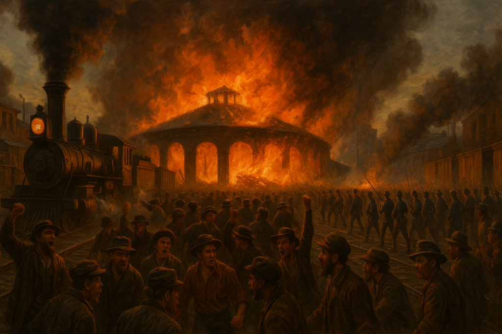 Pittsburgh rail yard burning during the Great Railroad Strike of 1877 with workers and militia clashing