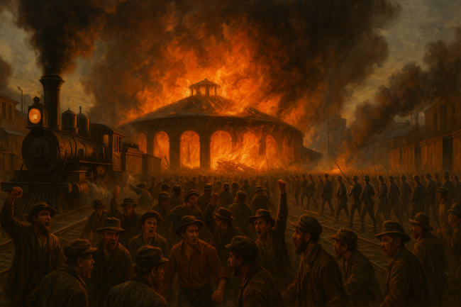 rail-yard-pittsburgh-fire Pittsburgh rail yard burning during the Great Railroad Strike of 1877 with workers and militia clashing