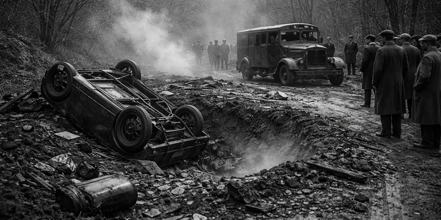 Vintage black and white scene of a cratered muddy road after a 1927 explosion in Western Pennsylvania, with an overturned escort car, a damaged armored truck, and men in coats and caps watching from a distance.