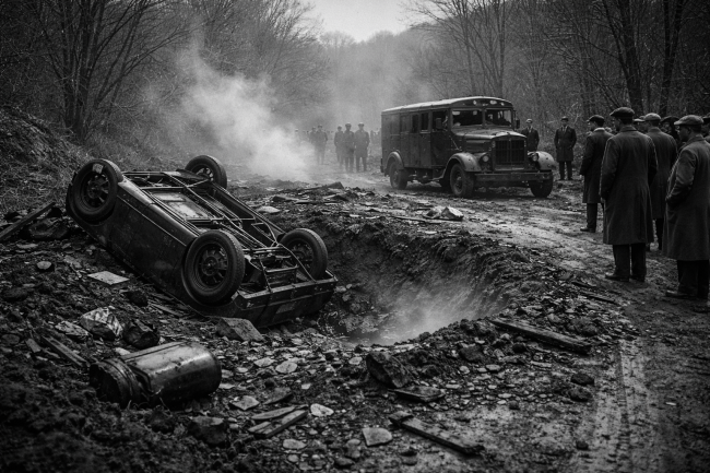 Vintage black and white scene of a cratered muddy road after a 1927 explosion in Western Pennsylvania, with an overturned escort car, a damaged armored truck, and men in coats and caps watching from a distance.