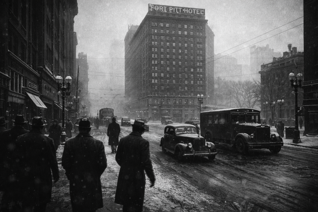 Black and white winter street scene in downtown Pittsburgh in the late 1940s with the Fort Pitt Hotel towering above Penn Avenue, vintage cars and pedestrians in coats and fedoras, and light snow in the air.