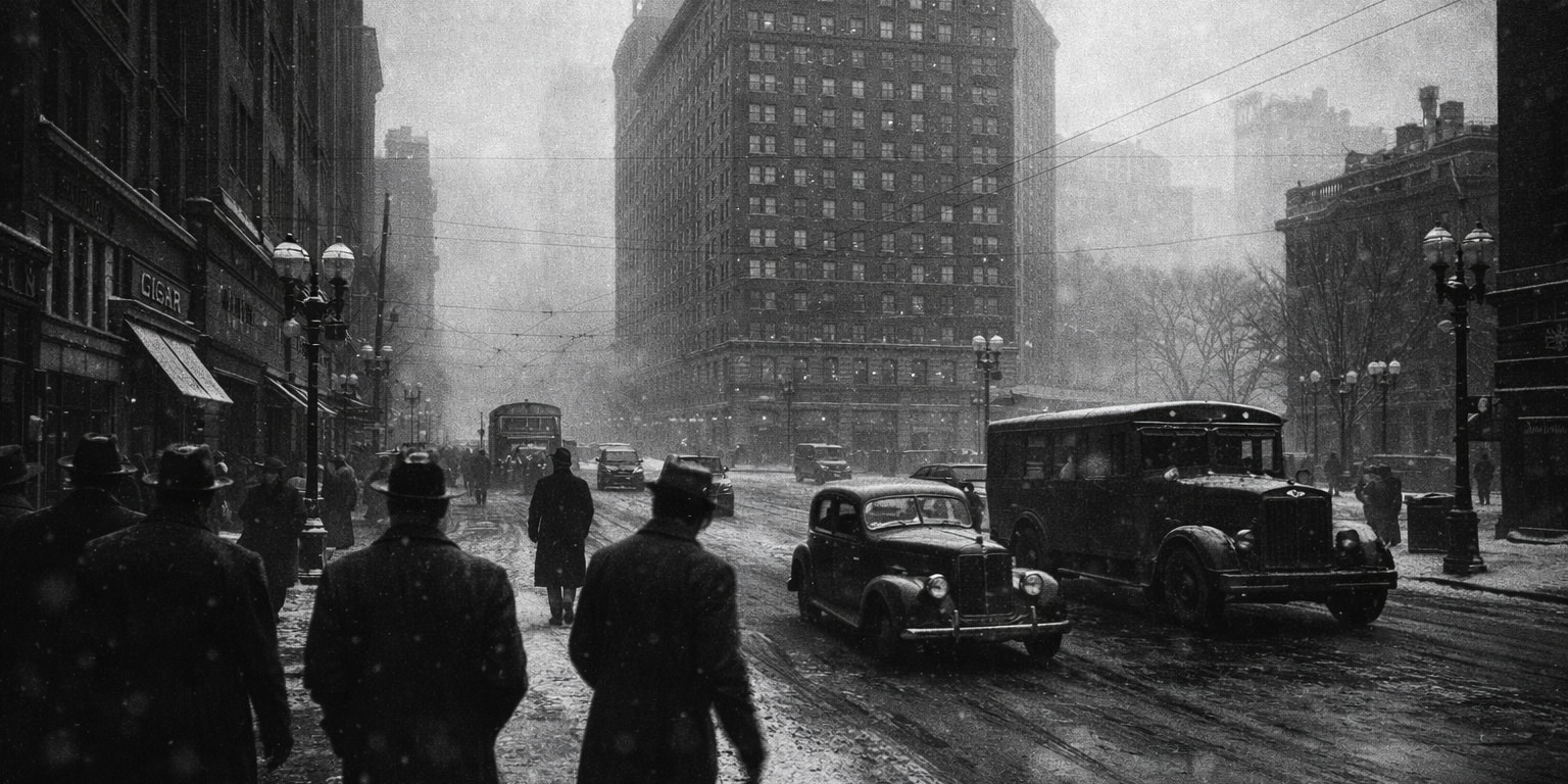 Black and white winter street scene in downtown Pittsburgh in the late 1940s with the Fort Pitt Hotel towering above Penn Avenue, vintage cars and pedestrians in coats and fedoras, and light snow in the air.