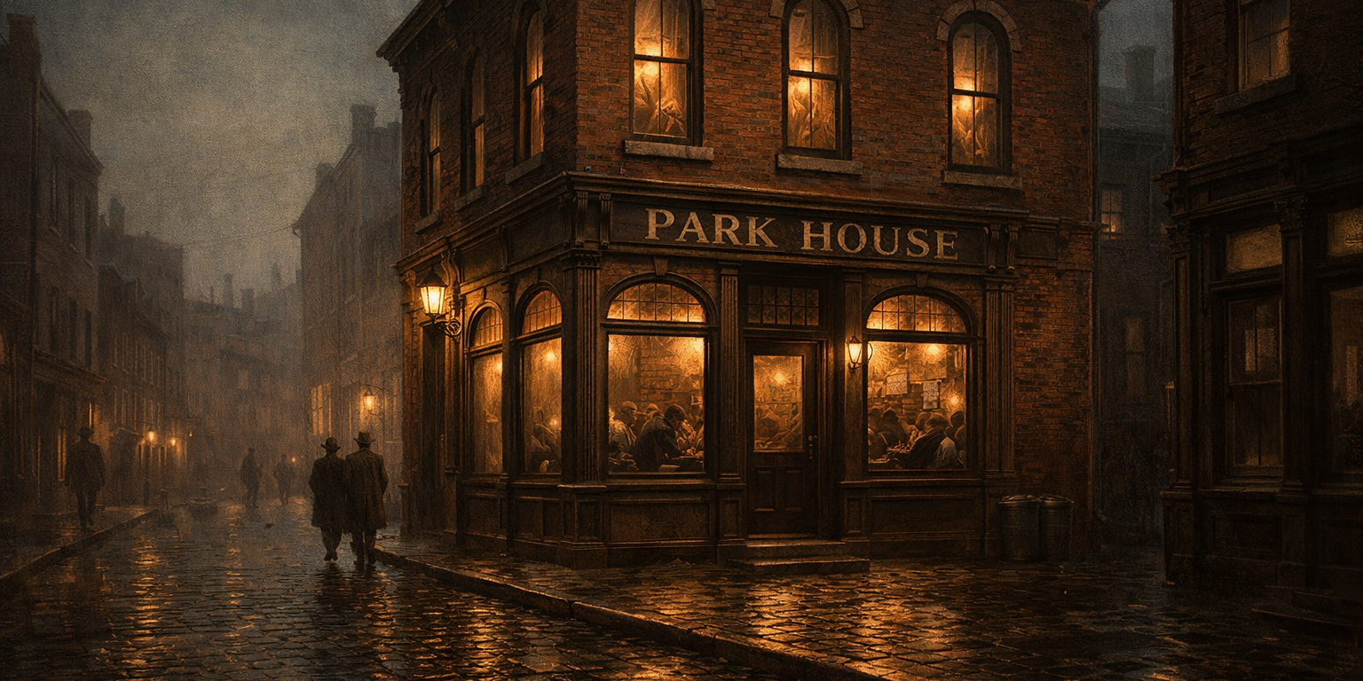 Park-House-Tavern Moody dusk illustration of a two story Victorian brick tavern in early 1900s Pittsburgh with Park House signage, warm amber window light, and wet cobblestone street reflections.