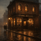 Moody dusk illustration of a two story Victorian brick tavern in early 1900s Pittsburgh with Park House signage, warm amber window light, and wet cobblestone street reflections.