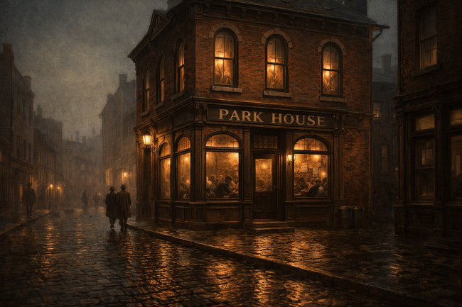 Park-House-Tavern Moody dusk illustration of a two story Victorian brick tavern in early 1900s Pittsburgh with Park House signage, warm amber window light, and wet cobblestone street reflections.