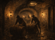 Gritty 1920s illustration of an underground brick arched tunnel beneath the Strip District, lit by lanterns as shadowy figures roll whiskey barrels past damp stone walls and a ceiling trapdoor.