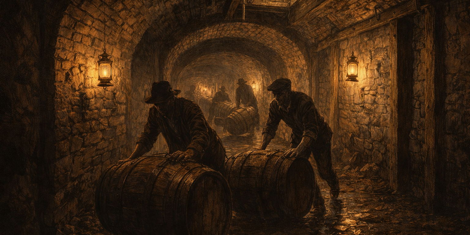 bootleg-tunnel Gritty 1920s illustration of an underground brick arched tunnel beneath the Strip District, lit by lanterns as shadowy figures roll whiskey barrels past damp stone walls and a ceiling trapdoor.