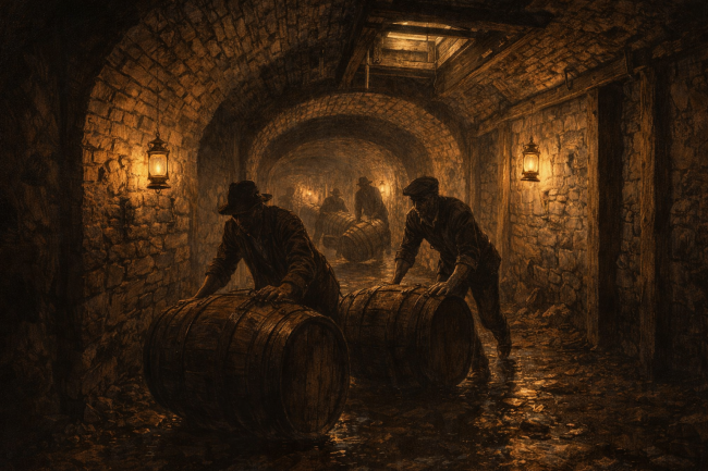 bootleg-tunnel Gritty 1920s illustration of an underground brick arched tunnel beneath the Strip District, lit by lanterns as shadowy figures roll whiskey barrels past damp stone walls and a ceiling trapdoor.
