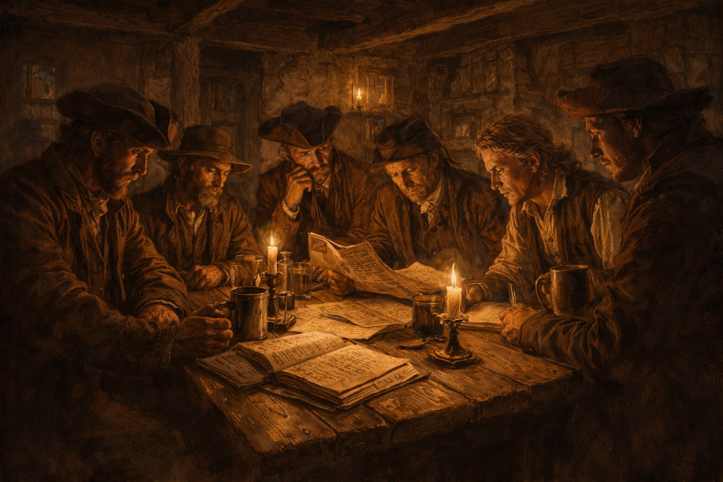 Painterly illustration of 1790s frontier Pennsylvania farmers in a candlelit tavern, studying documents and ledgers at a rough wooden table in a tense, conspiratorial mood.