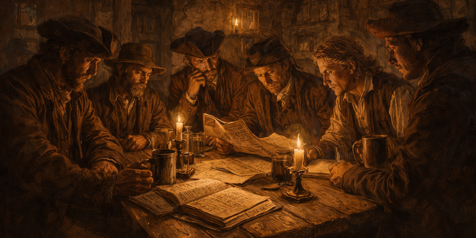 frontier-pittsburgh Painterly illustration of 1790s frontier Pennsylvania farmers in a candlelit tavern, studying documents and ledgers at a rough wooden table in a tense, conspiratorial mood.