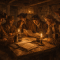 Painterly illustration of 1790s frontier Pennsylvania farmers in a candlelit tavern, studying documents and ledgers at a rough wooden table in a tense, conspiratorial mood.