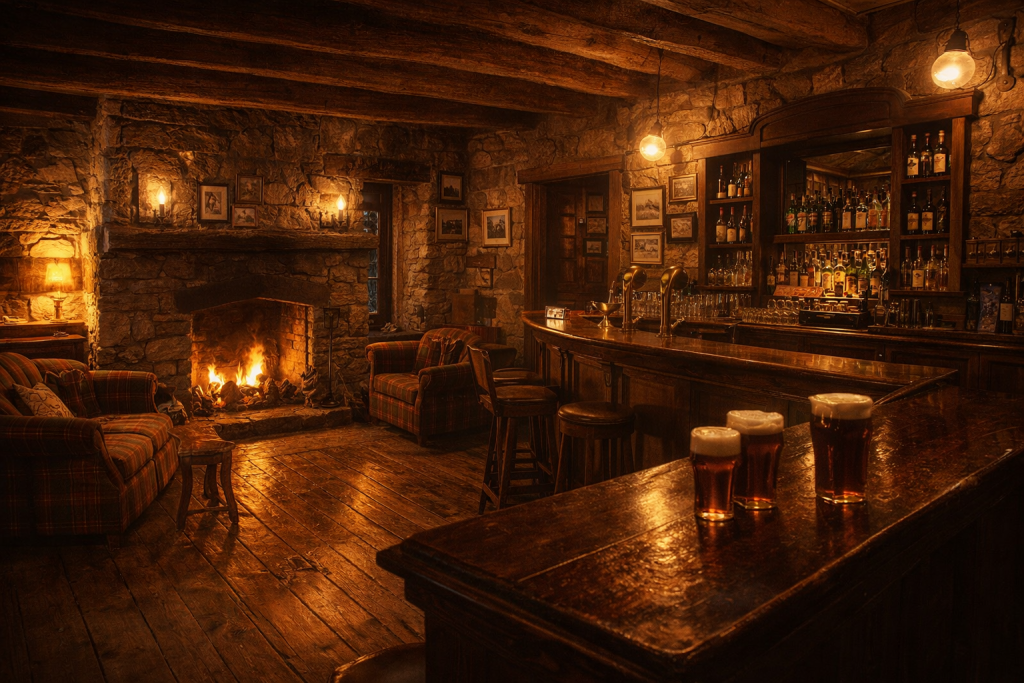 Warm, dimly lit Scottish pub interior in an 18th century stone building with hand hewn beams, wide plank floors, a glowing stone fireplace, tartan seats, dark wood bar, and pints of ale.