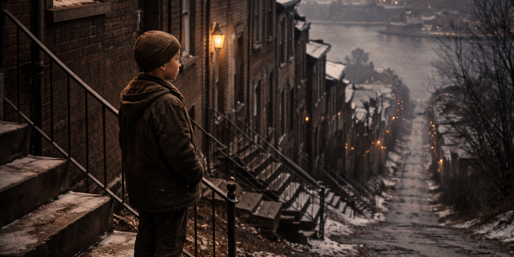 andy-warhol’s-pittsburgh A recreated 1930s Pittsburgh immigrant neighborhood street in winter, with a young boy on a row house stoop looking out over the industrial river valley, evoking the working-class Pittsburgh childhood of Andy Warhol.
