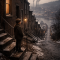 A recreated 1930s Pittsburgh immigrant neighborhood street in winter, with a young boy on a row house stoop looking out over the industrial river valley, evoking the working-class Pittsburgh childhood of Andy Warhol.