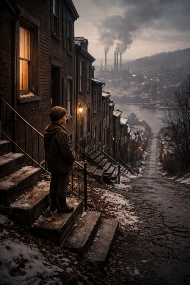 andy-warhol’s-pittsburgh A recreated 1930s Pittsburgh immigrant neighborhood street in winter, with a young boy on a row house stoop looking out over the industrial river valley, evoking the working-class Pittsburgh childhood of Andy Warhol.
