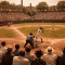A packed 1930s Negro League baseball game at Greenlee Field in Pittsburgh's Hill District, fans filling the stands to watch the Pittsburgh Crawfords, capturing the peak era of Black baseball in Pittsburgh.