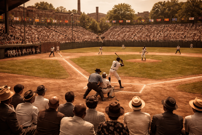 A packed 1930s Negro League baseball game at Greenlee Field in Pittsburgh's Hill District, fans filling the stands to watch the Pittsburgh Crawfords, capturing the peak era of Black baseball in Pittsburgh.