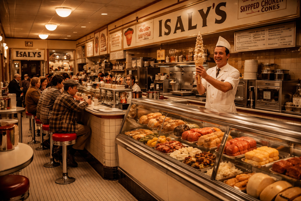 The interior of a 1950s Isaly's dairy store in Pittsburgh, showing a gleaming deli counter, ice cream cases, and a lunch counter with red vinyl stools, capturing the neighborhood institution that defined Pittsburgh food culture for generations.