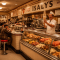 The interior of a 1950s Isaly's dairy store in Pittsburgh, showing a gleaming deli counter, ice cream cases, and a lunch counter with red vinyl stools, capturing the neighborhood institution that defined Pittsburgh food culture for generations.