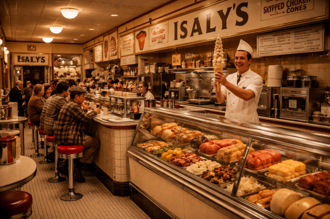 chipped-ham-pittsburgh The interior of a 1950s Isaly's dairy store in Pittsburgh, showing a gleaming deli counter, ice cream cases, and a lunch counter with red vinyl stools, capturing the neighborhood institution that defined Pittsburgh food culture for generations.