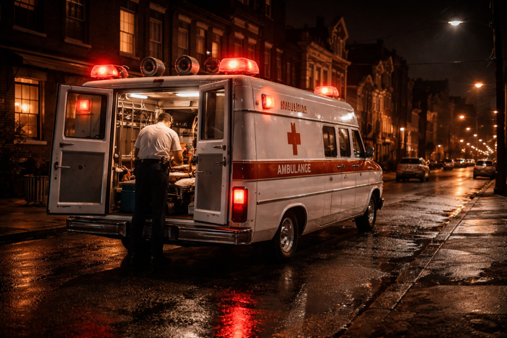 A 1960s era ambulance on a Hill District Pittsburgh street at night, emergency lights reflecting off wet pavement, crew preparing equipment at the rear doors, capturing the pioneering work of Freedom House Ambulance.