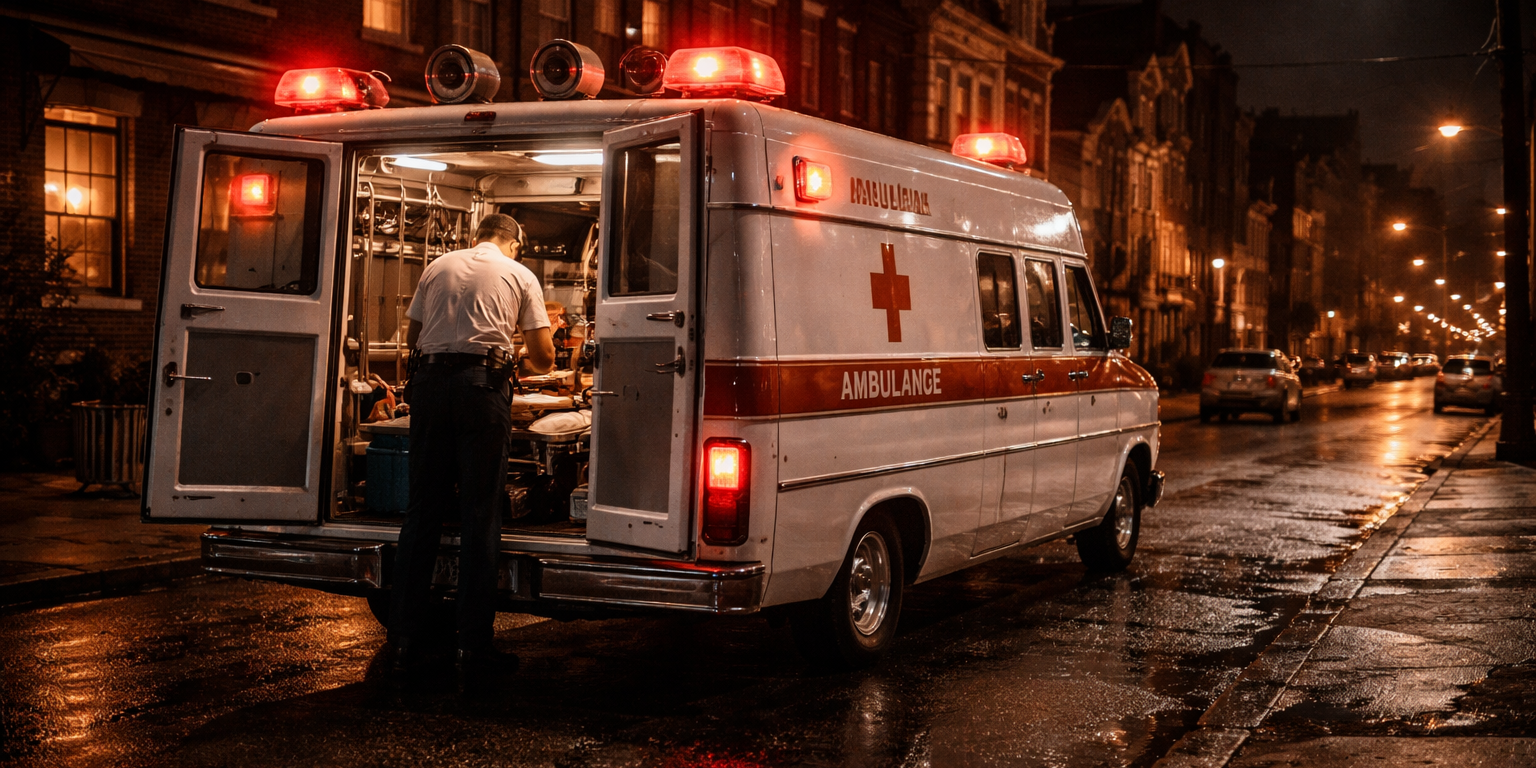 A 1960s era ambulance on a Hill District Pittsburgh street at night, emergency lights reflecting off wet pavement, crew preparing equipment at the rear doors, capturing the pioneering work of Freedom House Ambulance.