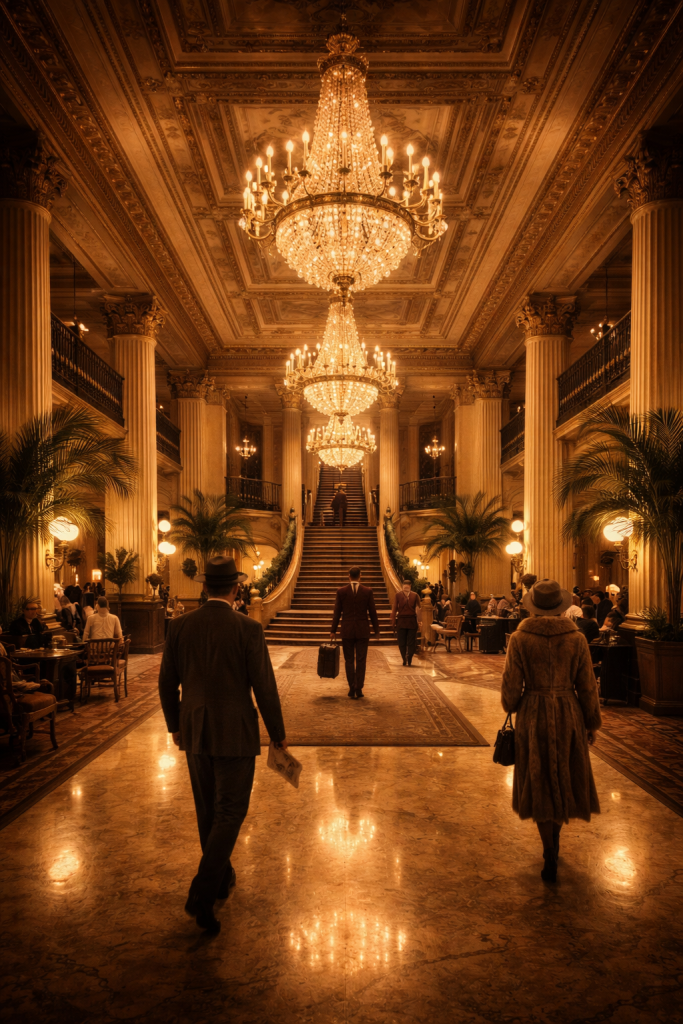 The grand ornate lobby of the William Penn Hotel in Pittsburgh, featuring high ceilings, crystal chandeliers, and marble floors, reflecting over a century of Pittsburgh history and civic life.
