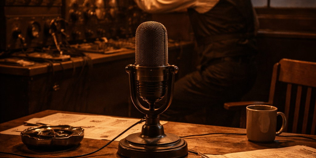 A recreated 1920s radio broadcasting studio with an early microphone, transmitter equipment, and period-era operator, evoking the first commercial broadcast made by KDKA Pittsburgh on November 2, 1920.