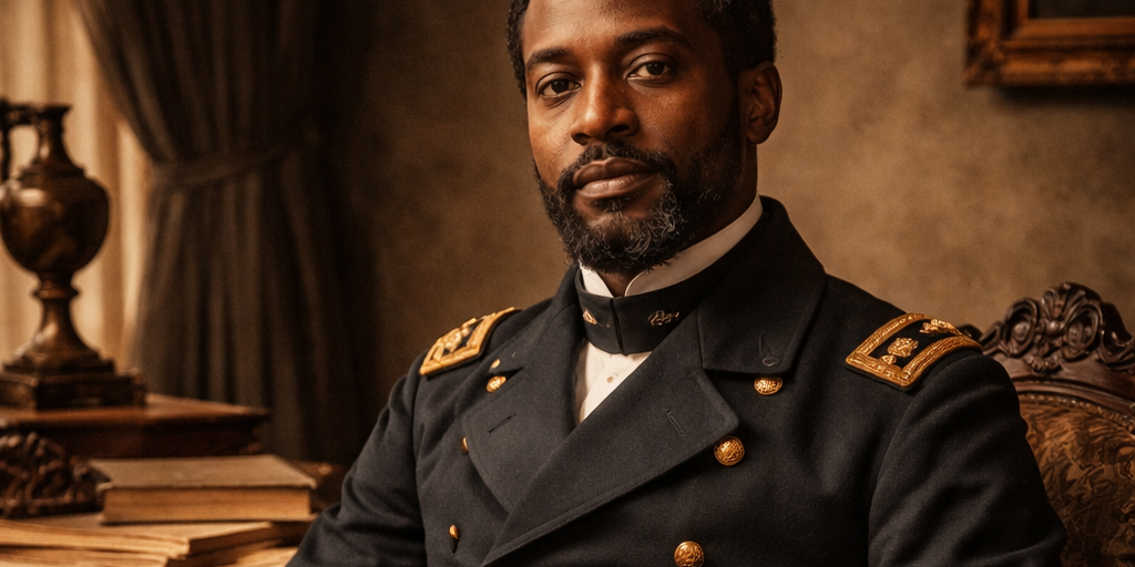 mid-nineteenth century formal attir A recreated portrait of Martin Delany in Union Army Major's uniform, seated at a desk with books and papers, conveying the intellectual authority and historic significance of Pittsburgh's first Black field officer and founding Black nationalist thinker.