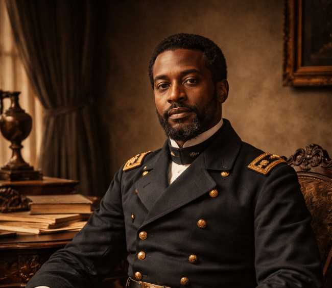 A recreated portrait of Martin Delany in Union Army Major's uniform, seated at a desk with books and papers, conveying the intellectual authority and historic significance of Pittsburgh's first Black field officer and founding Black nationalist thinker.
