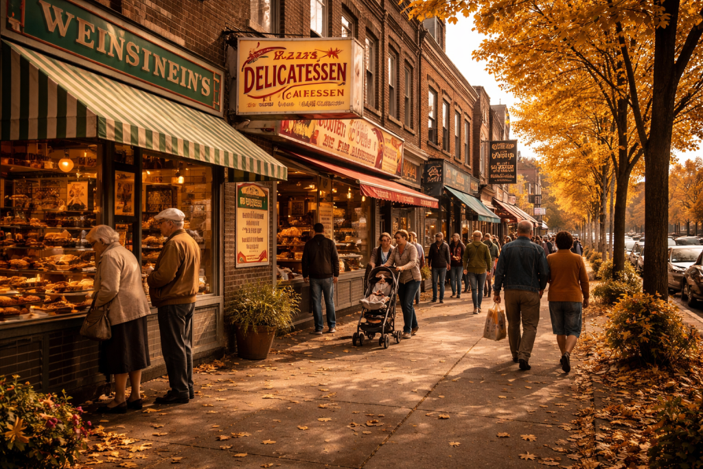 Murray Avenue in Pittsburgh's Squirrel Hill neighborhood on an autumn afternoon, the tree-lined commercial street showing Jewish delis and bakeries with residents walking past, capturing the enduring community character of one of Pittsburgh's most beloved neighborhoods.