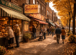 Murray Avenue in Pittsburgh's Squirrel Hill neighborhood on an autumn afternoon, the tree-lined commercial street showing Jewish delis and bakeries with residents walking past, capturing the enduring community character of one of Pittsburgh's most beloved neighborhoods.