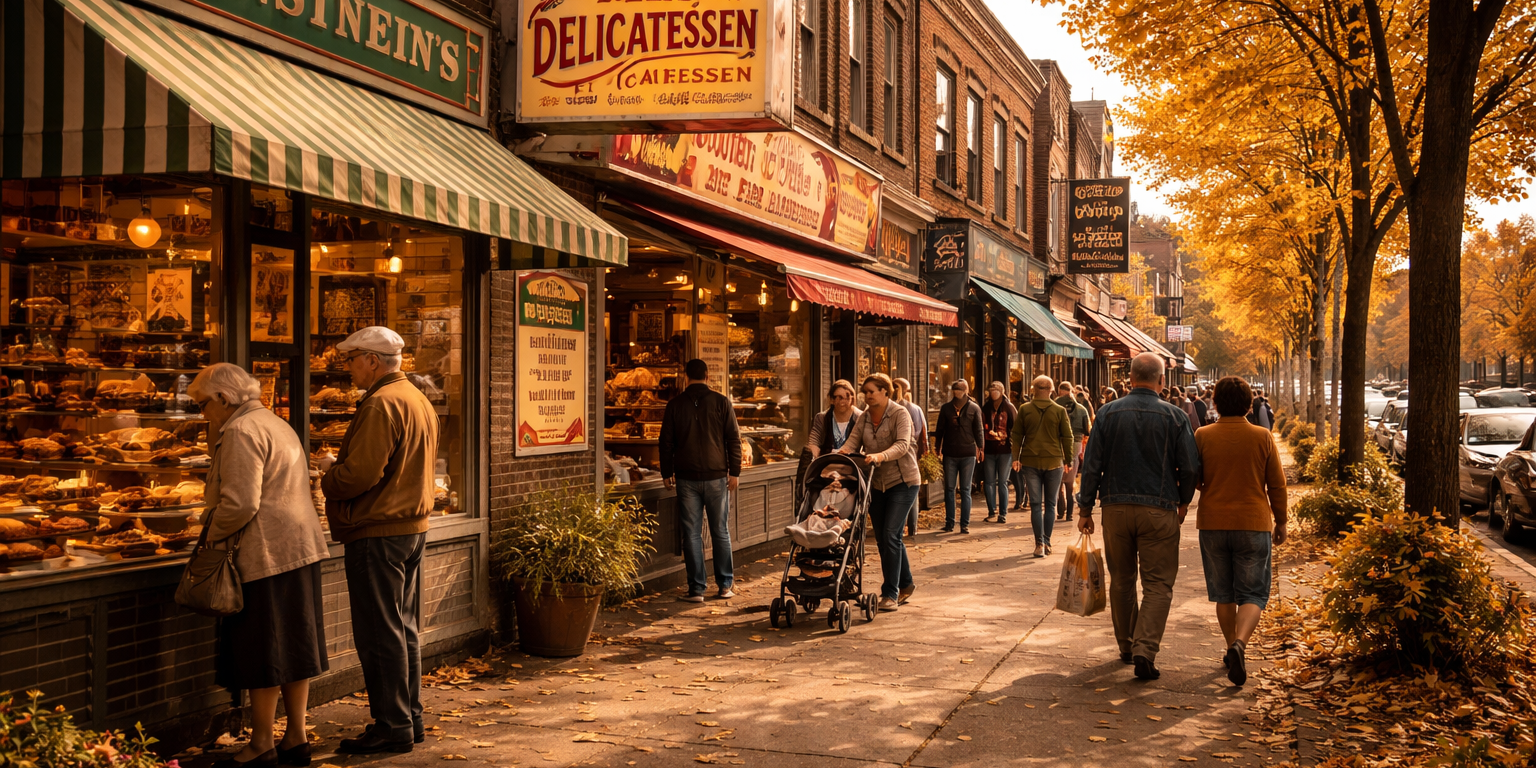 Murray Avenue in Pittsburgh's Squirrel Hill neighborhood on an autumn afternoon, the tree-lined commercial street showing Jewish delis and bakeries with residents walking past, capturing the enduring community character of one of Pittsburgh's most beloved neighborhoods.