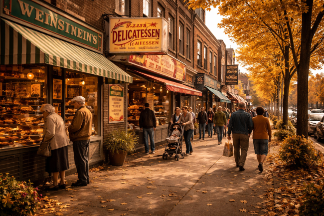 Murray Avenue in Pittsburgh's Squirrel Hill neighborhood on an autumn afternoon, the tree-lined commercial street showing Jewish delis and bakeries with residents walking past, capturing the enduring community character of one of Pittsburgh's most beloved neighborhoods.