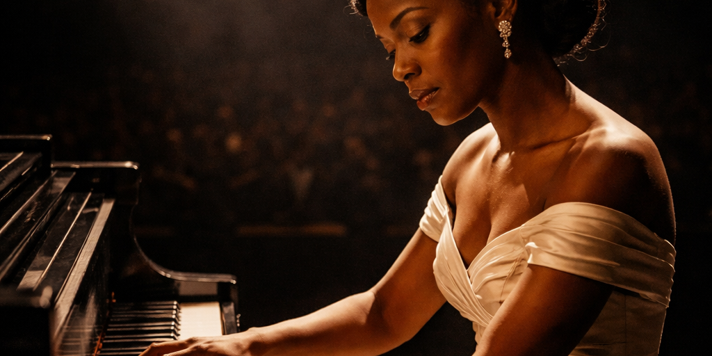 pianist A Black female jazz pianist performs under a single spotlight on a concert stage, hands on the keys of a grand piano, capturing the mastery and artistic authority of Mary Lou Williams at the height of her career.