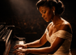 A Black female jazz pianist performs under a single spotlight on a concert stage, hands on the keys of a grand piano, capturing the mastery and artistic authority of Mary Lou Williams at the height of her career.