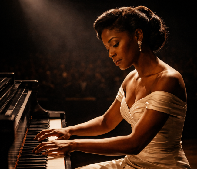 pianist A Black female jazz pianist performs under a single spotlight on a concert stage, hands on the keys of a grand piano, capturing the mastery and artistic authority of Mary Lou Williams at the height of her career.