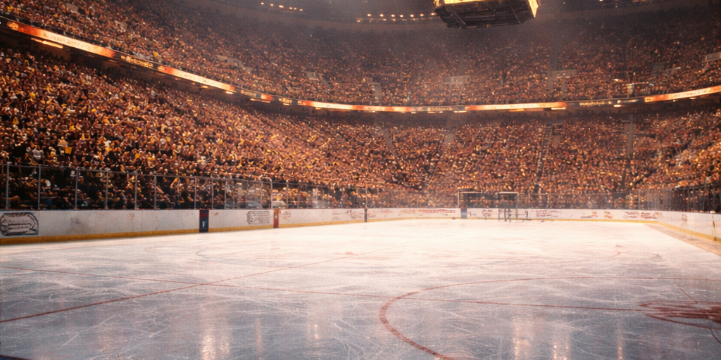 The interior of Pittsburgh's Civic Arena packed with hockey fans during a 1990s Pittsburgh Penguins game, with the ice lit bright white below championship banners hanging in the rafters above.