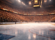 The interior of Pittsburgh's Civic Arena packed with hockey fans during a 1990s Pittsburgh Penguins game, with the ice lit bright white below championship banners hanging in the rafters above.