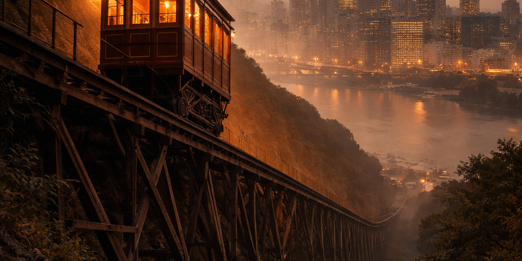 A vintage wooden cable car on the Duquesne Incline climbing the steep face of Mount Washington in Pittsburgh, with the city's downtown skyline and river visible in the background at dusk.
