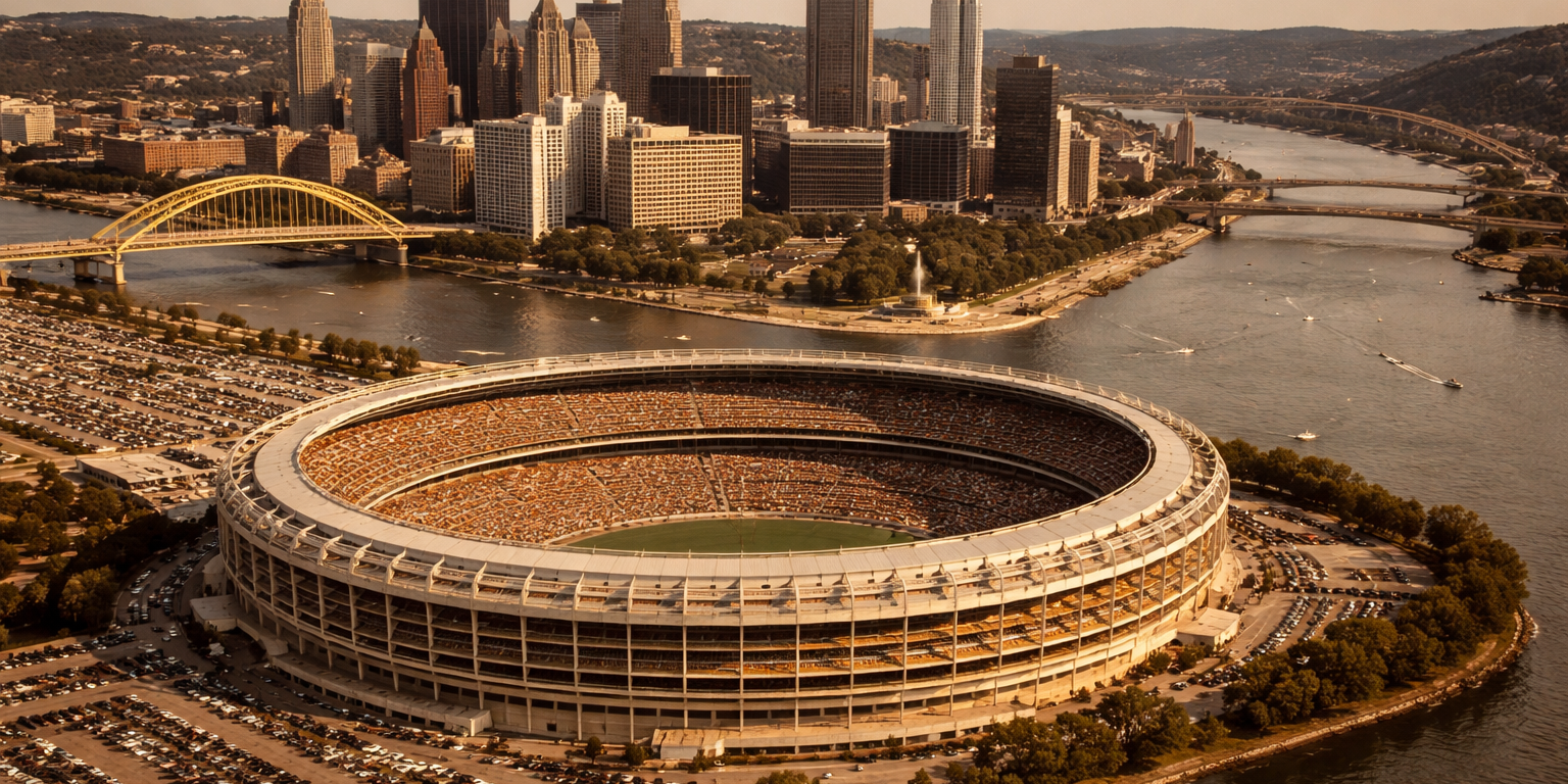 Aerial view of Three Rivers Stadium in Pittsburgh from across the Ohio River, the circular multipurpose stadium surrounded by the three rivers with the downtown skyline visible in the background.