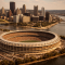 Aerial view of Three Rivers Stadium in Pittsburgh from across the Ohio River, the circular multipurpose stadium surrounded by the three rivers with the downtown skyline visible in the background.