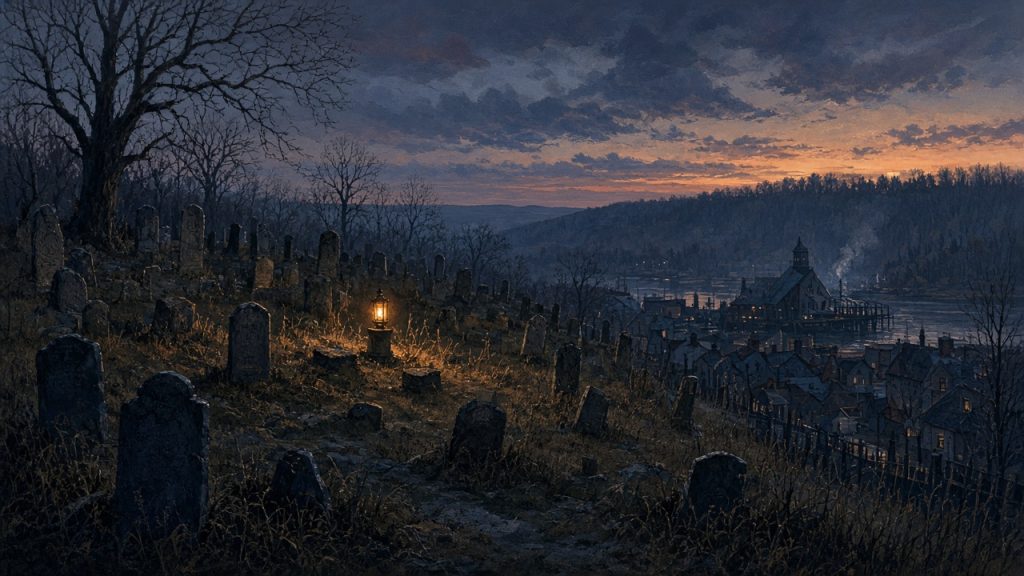 Illustration of an 1850s hillside graveyard at dusk above a small Pennsylvania town