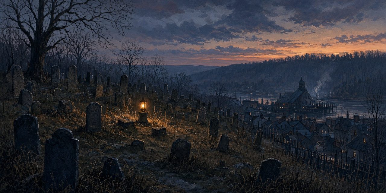 Illustration of an 1850s hillside graveyard at dusk above a small Pennsylvania town