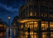 Illustration of a downtown Pittsburgh department store at night with its marquee lit and a streetcar passing on a wet street