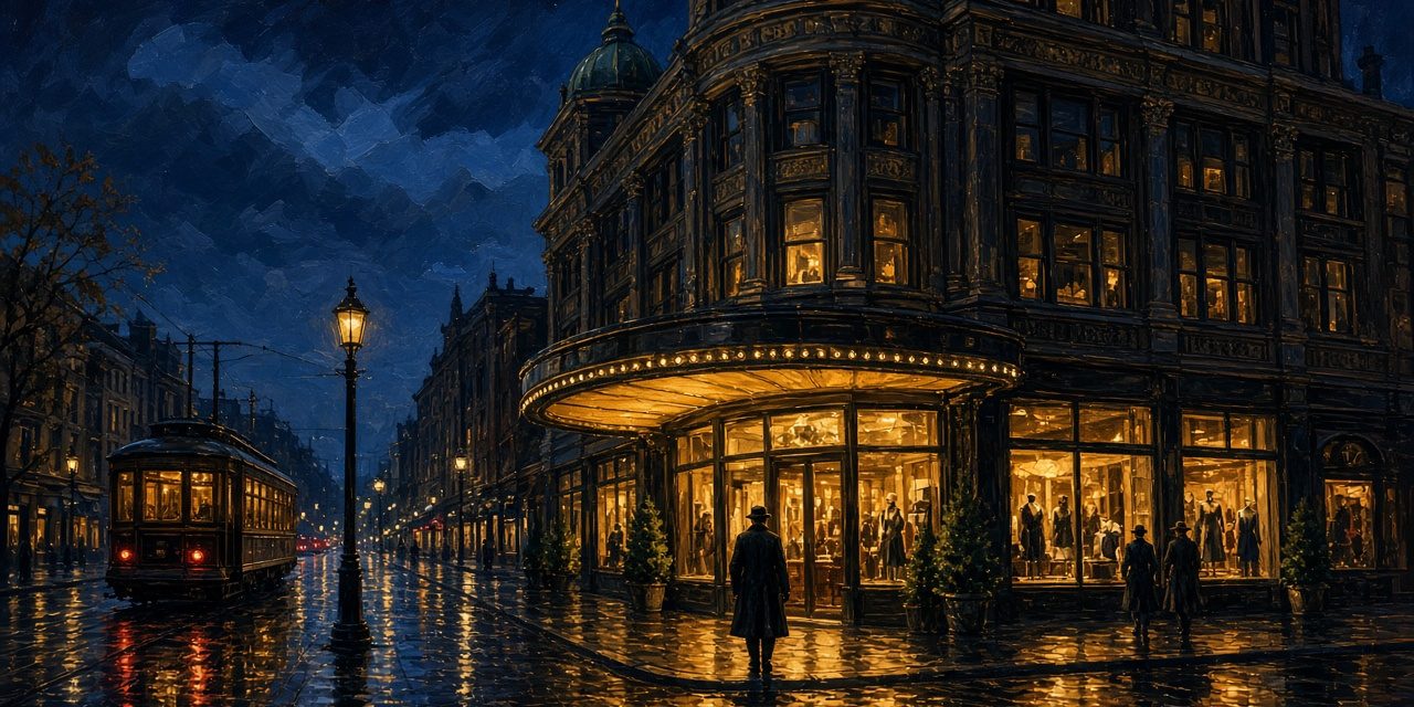 gimbels-featured Illustration of a downtown Pittsburgh department store at night with its marquee lit and a streetcar passing on a wet street