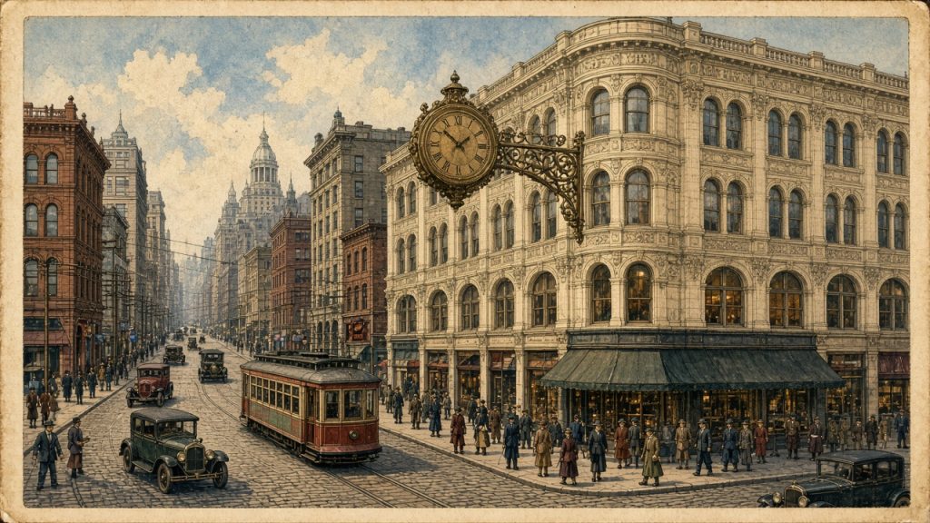 Illustration of the bronze Kaufmann's clock on the corner of the Kaufmann's department store in downtown Pittsburgh