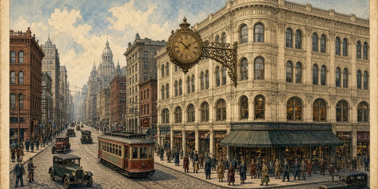kaufmanns-featured Illustration of the bronze Kaufmann's clock on the corner of the Kaufmann's department store in downtown Pittsburgh
