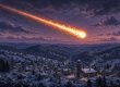 Illustration of a bright fireball streaking over snowy Western Pennsylvania hills at dusk in December 1965